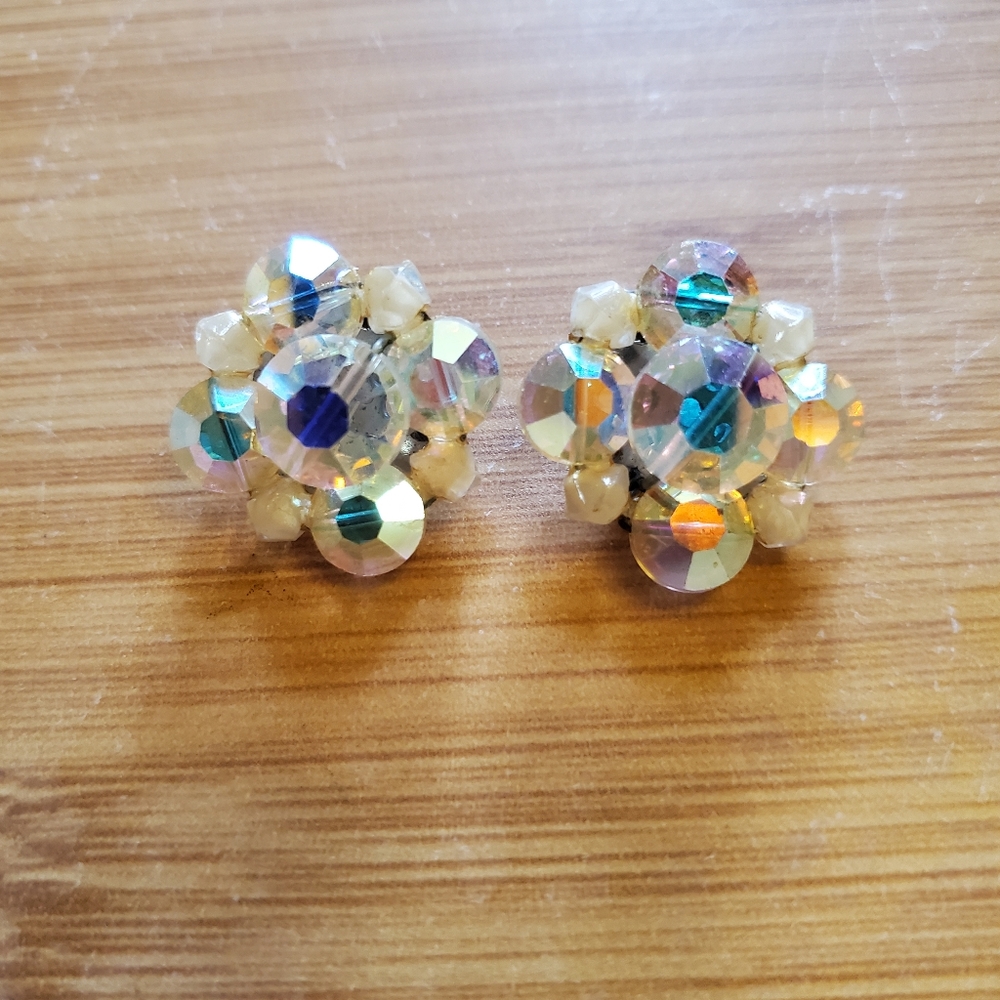 Vintage Crystal AB Clip Earrings 50's